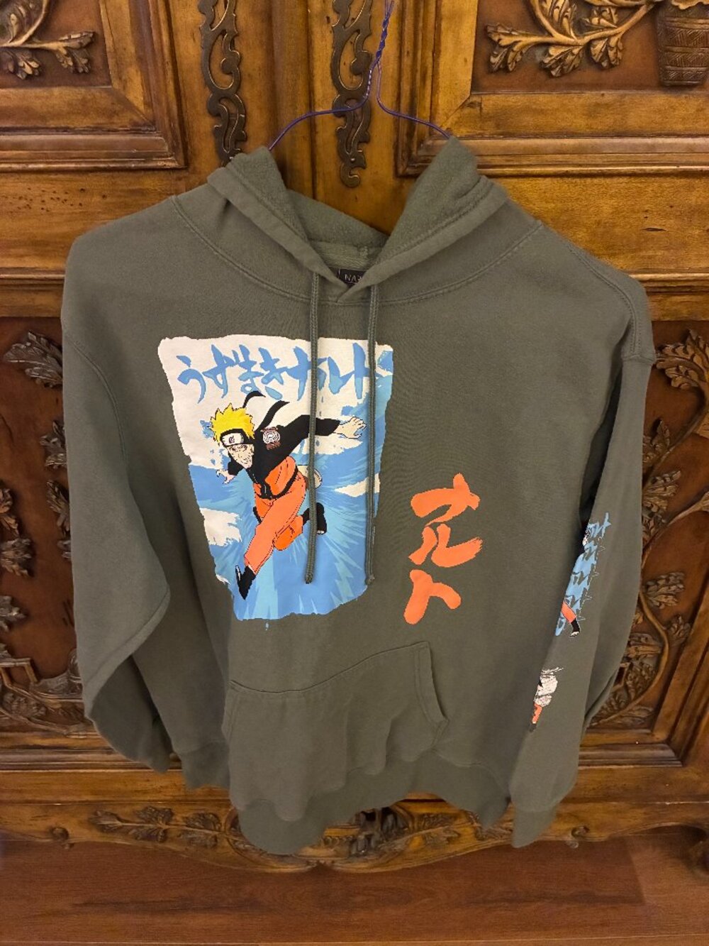 Men’s Naruto Shippuden Olive Green Naruto Hoodie Sweatshirt Size XL 46-48 Anime